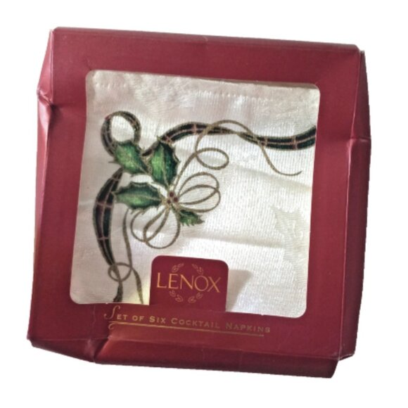 5 Lenox Holiday Cloth Cocktail Napkins 10" Ribbon Holly Christmas EUC Ivory  IOB - Picture 1 of 6